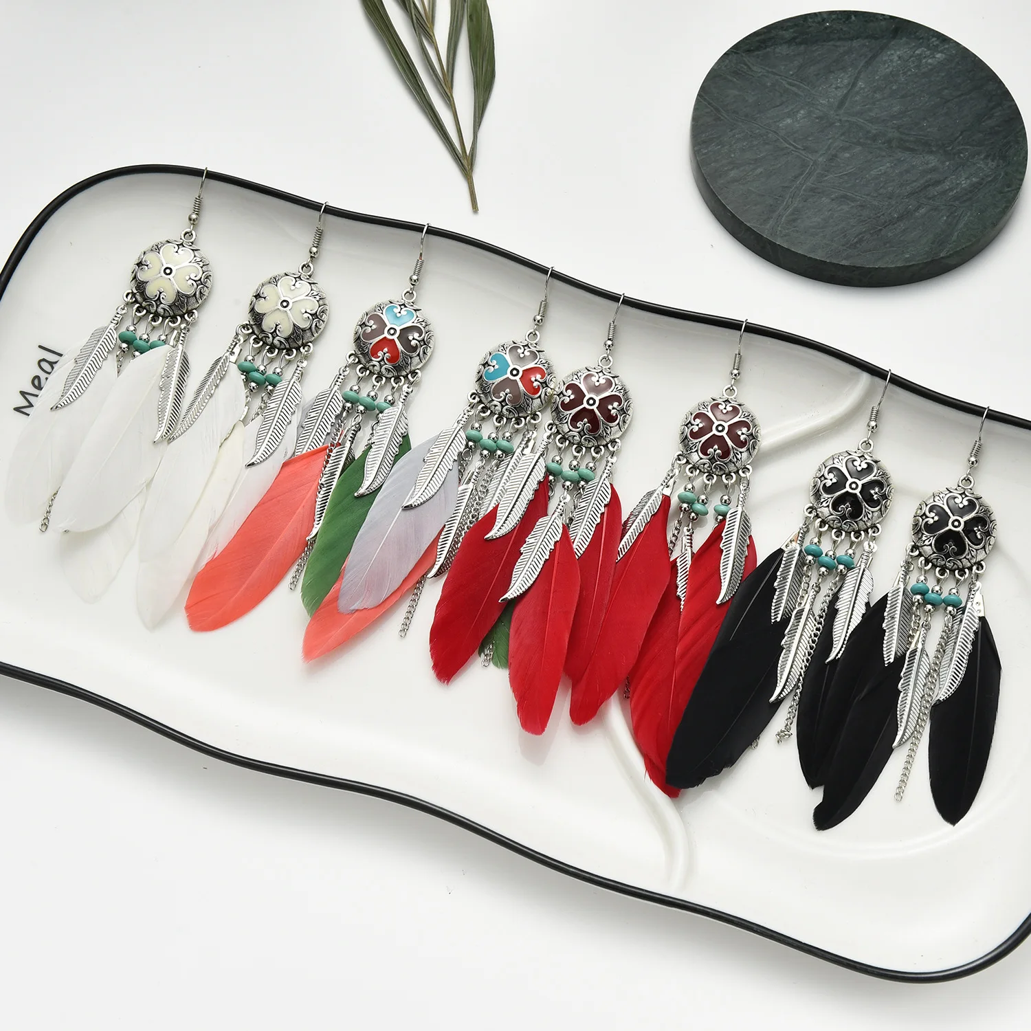 

New 2022 Bohemian Feather Earrings Round Drop Earrings