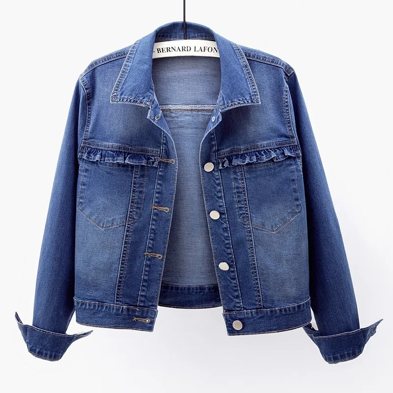 

Spring Autumn New Elasticity Slim Dark Blue Denim Jacket Coat Women Casual Short Cowboy Outerwear Big Pocket Jeans Jacket Female