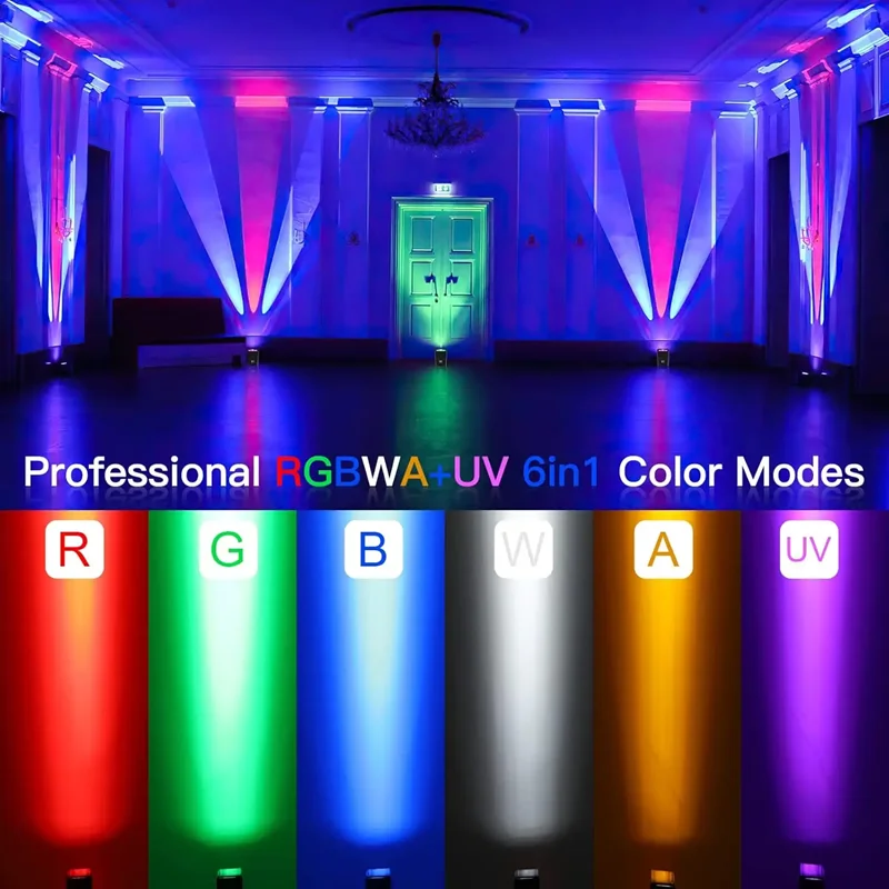 Фото Светодиодный беспроводной светильник на батарейках 4x18W RGBWA+UV 6in1, световой прибор для дискотек, вечеринок, клубов, баров, с дистанционным управлением через приложение, DMX-эффекты, световое шоу. №1