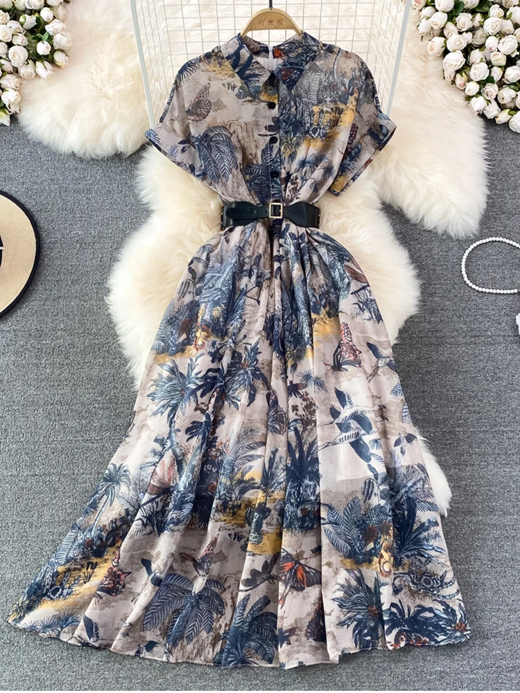 

Fitaylor Summer New Women Ink Printing High Waist Slim Lapel Short Sleeve Dress Casual Single Breasted A-Line Dresses With Belt