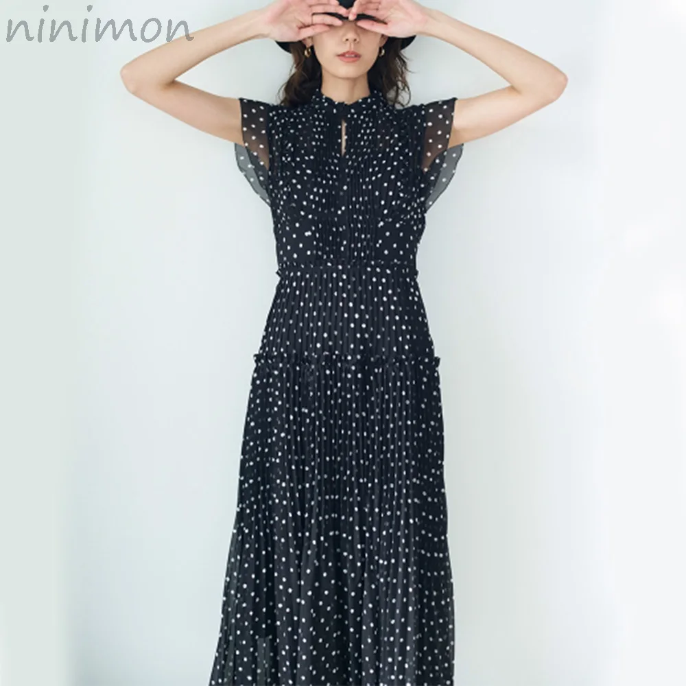 

NINIMON Sweet Gentle Fairy Dress High Waist Print Pleated Dress Half Open Ruffle Collar Flying Sleeves Slim Japanese Robes Vesti