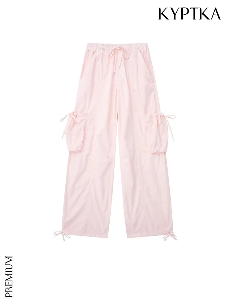 KYPTKA Women Fashion Side Pockets Streetwear Parachute Trousers Vintage Mid Elastic Waist With Drawstrings Female Pants Mujer