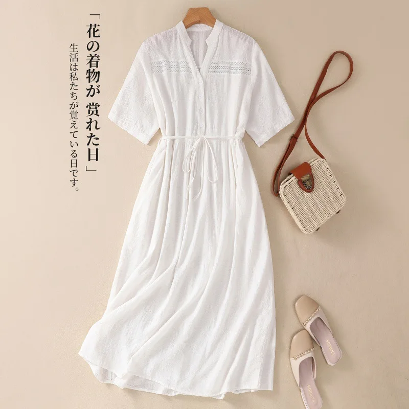 Платье-миди из хлопка и льна с коротким рукавом поясом