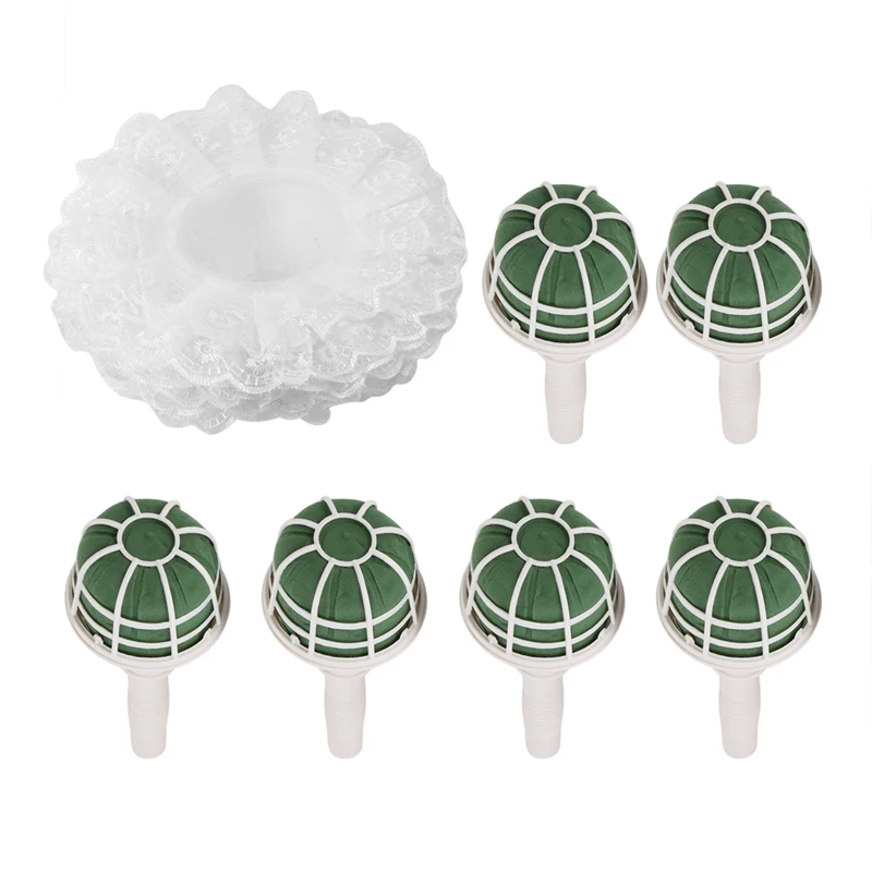 

6 Wedding Bridal Bouquet Holder Handles With 6 White Lace Collar Flower Holders