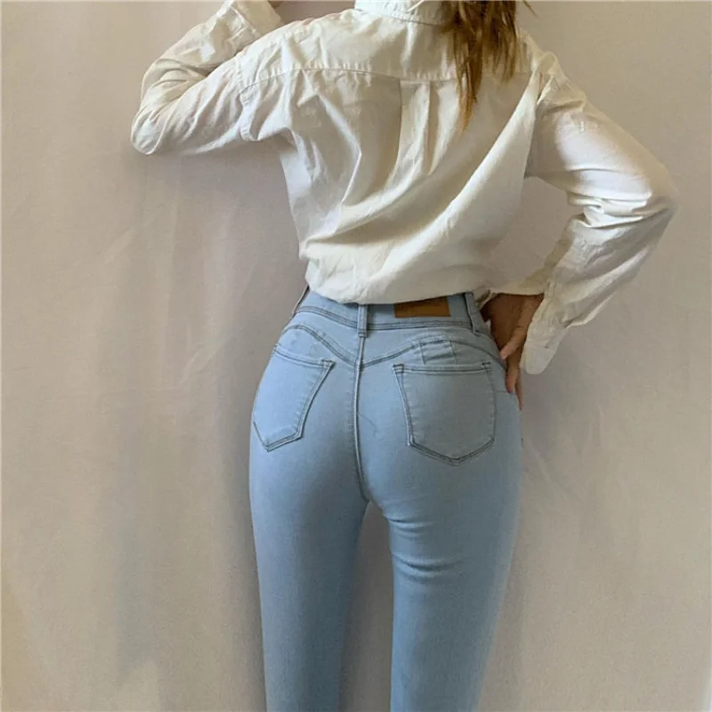 Streetwear Korean Fashion Sexy Stretch Slim Jeans Push Up Hips Elastic High Waist Blue Denim Pants Casual Trousers Summer Women