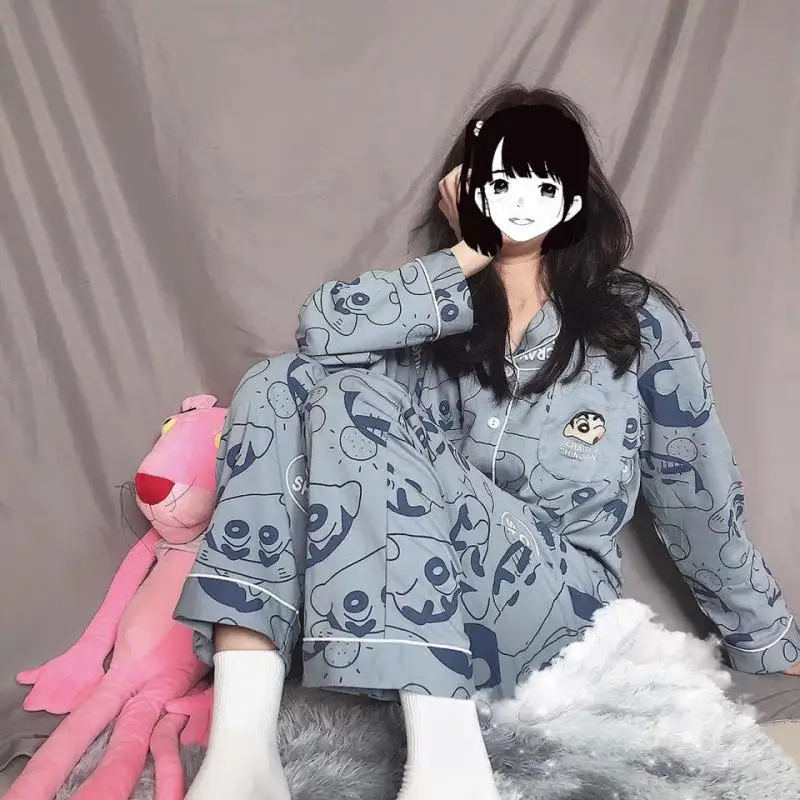 Kawaii Crayon Shinchan Pajama Sets Spring and Autumn Cartoon Anime Pajamas for Women Cute Cotton Casual Home Service Sets