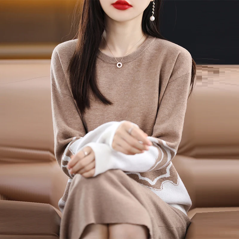 Autumn and Winter New 100% Pure Wool Thickened Wavy Round Neck Knitted Underwear Pullover for Women