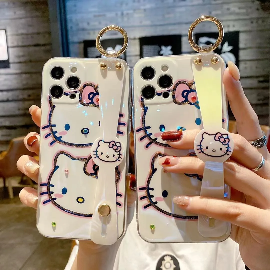

Sanrio Hello Kitty with wrist strap Phone Case For Iphone 11 12 13 Pro Max Mini X Xs Xr 7 8 Plus SE 2020 Shockproof Cover