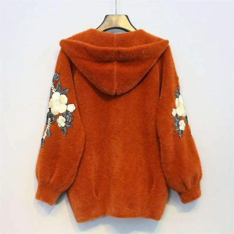 New Women Autumn Winter Thicken Warm Faux Mink Cashmere Hooded Cardigan Female Embroidery Loose Casual Knitted Sweater