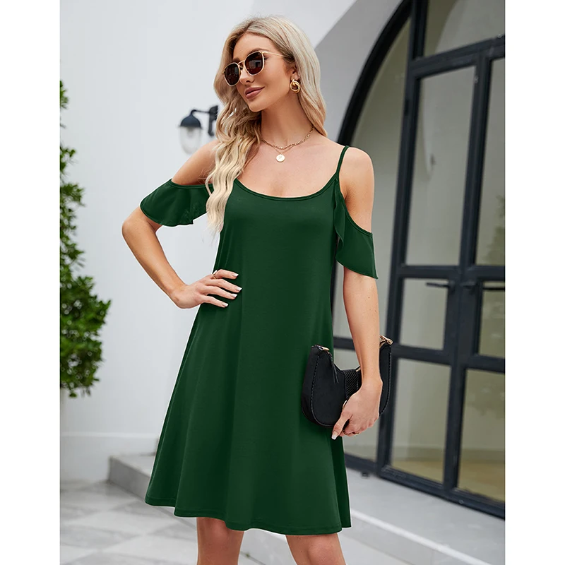 

2023 Summer Suspender Dress Strapless Ruffled Sleeves Sexy Knee-length Casual Short Dresses Daring Holiday Outfits Blue Boho