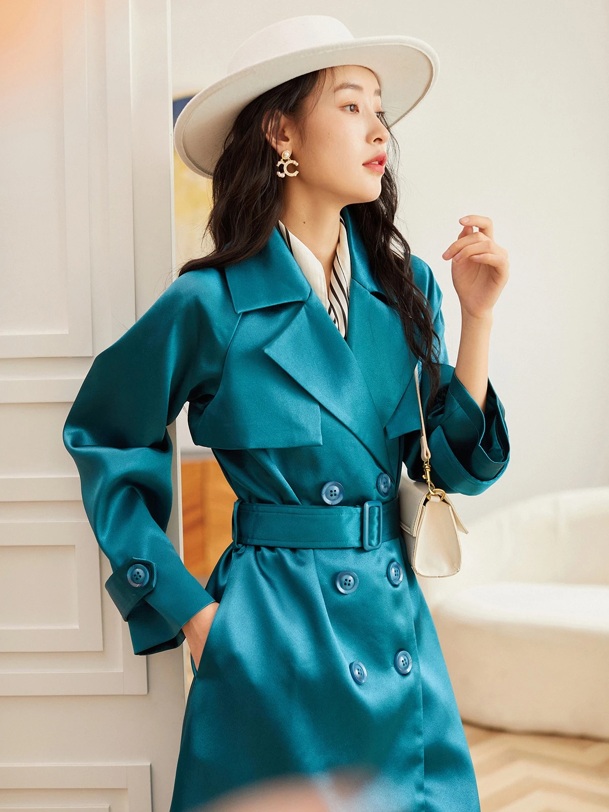 Тренчкот женский однотонный модный приталенный синий тренчкот с птицами верхняя