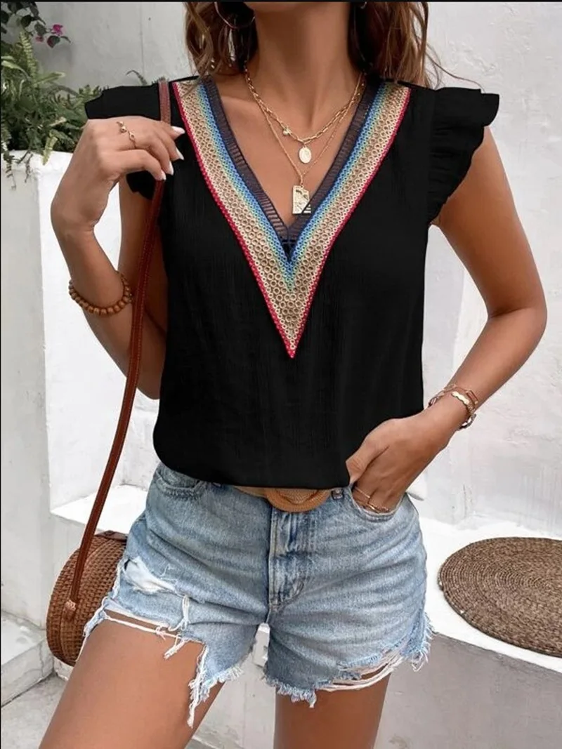 

Elegant Women Blouse Tees 2023 Summer V-neck Lace Casual Solid Shirts Patchwork Sleeveless Top Lady Shirt S-XXXL