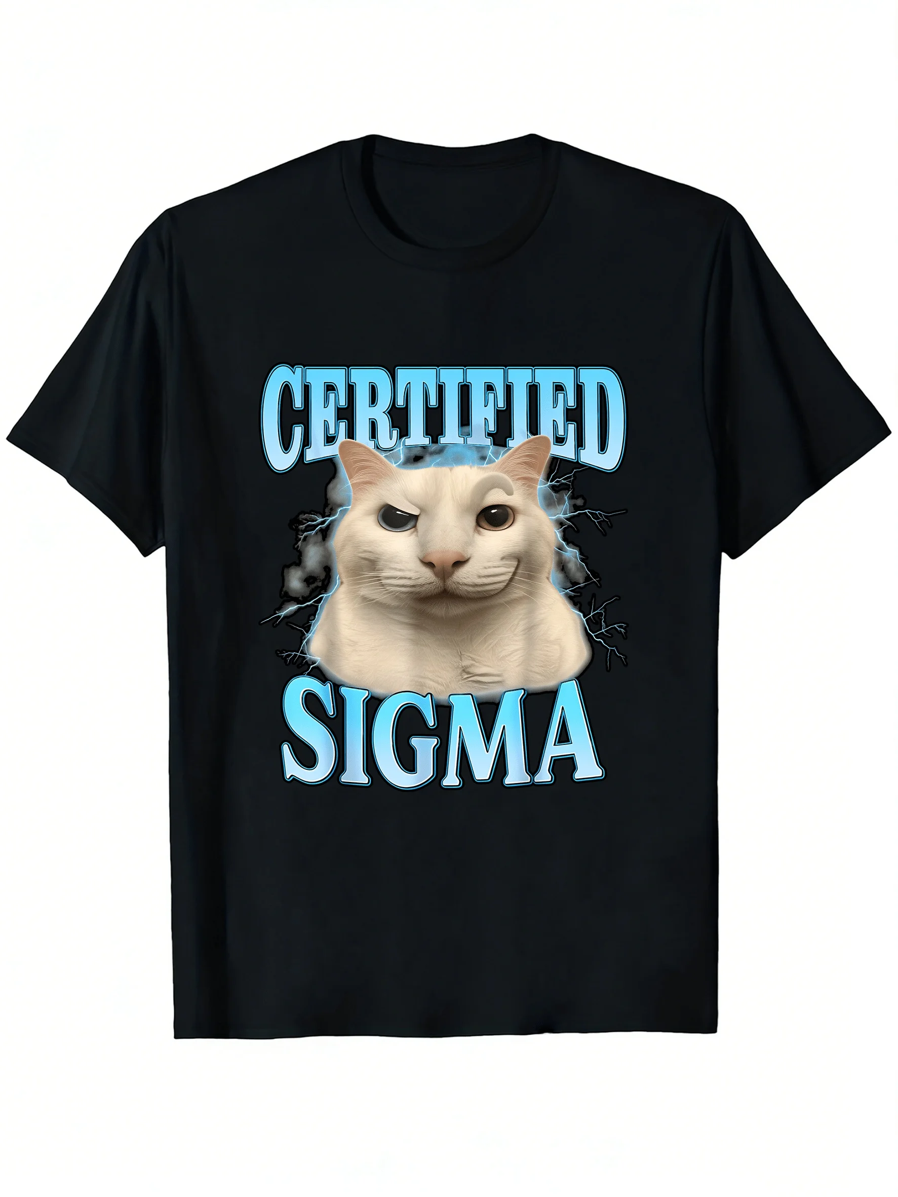 Фото Футболка Sigma MenFunny Cat Meme - саркастическая футболка с изображением белого кота и синего текста, 100% хлопок, легкая, дышащая, с возможностью нанесения принта. №1