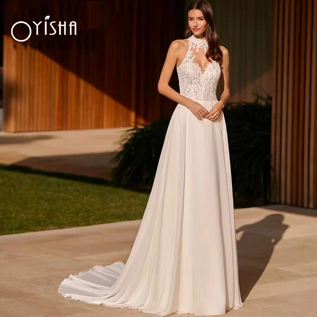 

OYISHA Elegant High Neck Wedding Dresses For Women 2023 Sleeveless Lace Appliques Bridal Gowns Open Back A-Line Robe De Marie