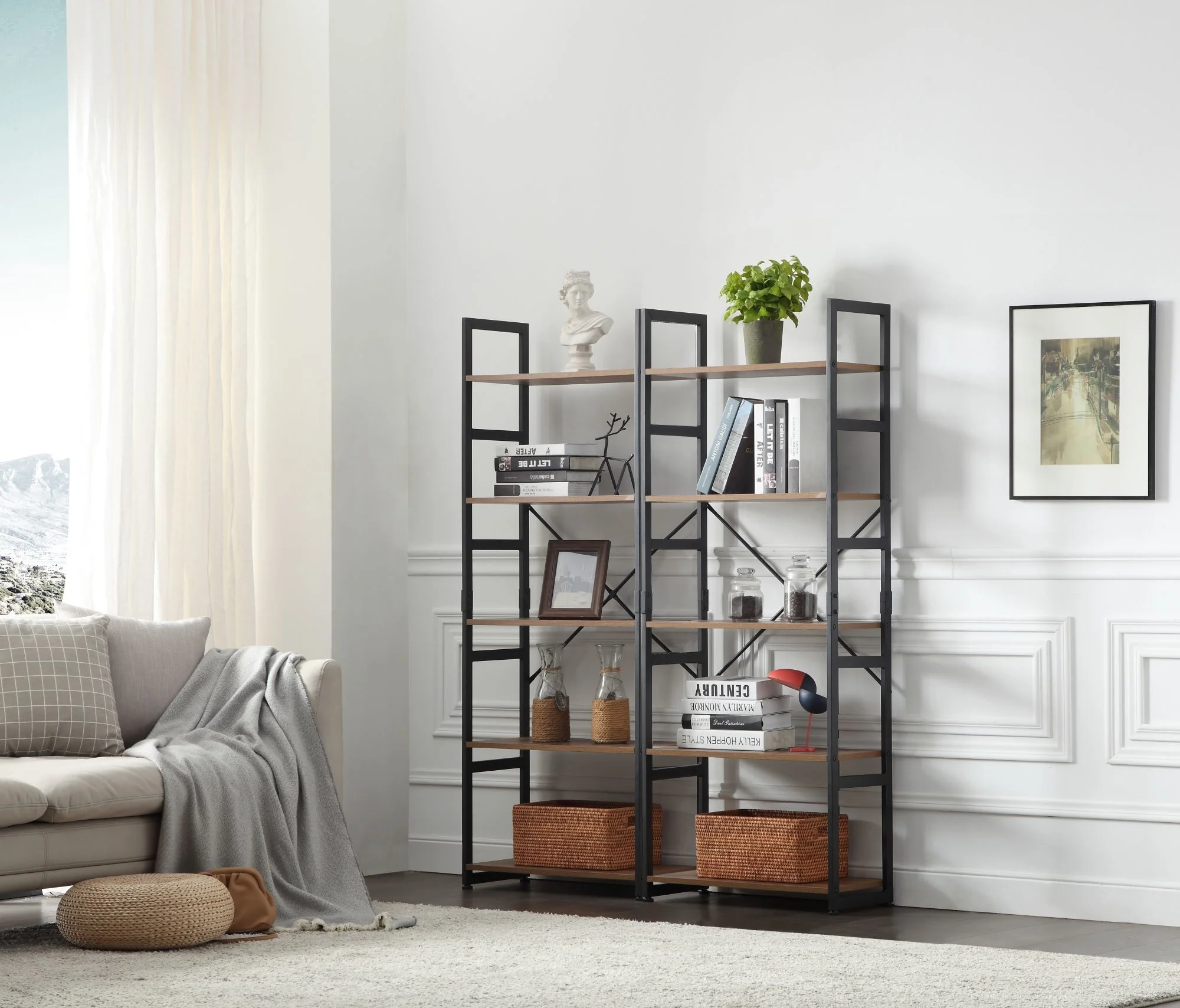 

Ladder Shelf Bookcase 5 Tiers | Bookshelf with Open Storage, Metal Frame with Wood Board | Rustic + Black