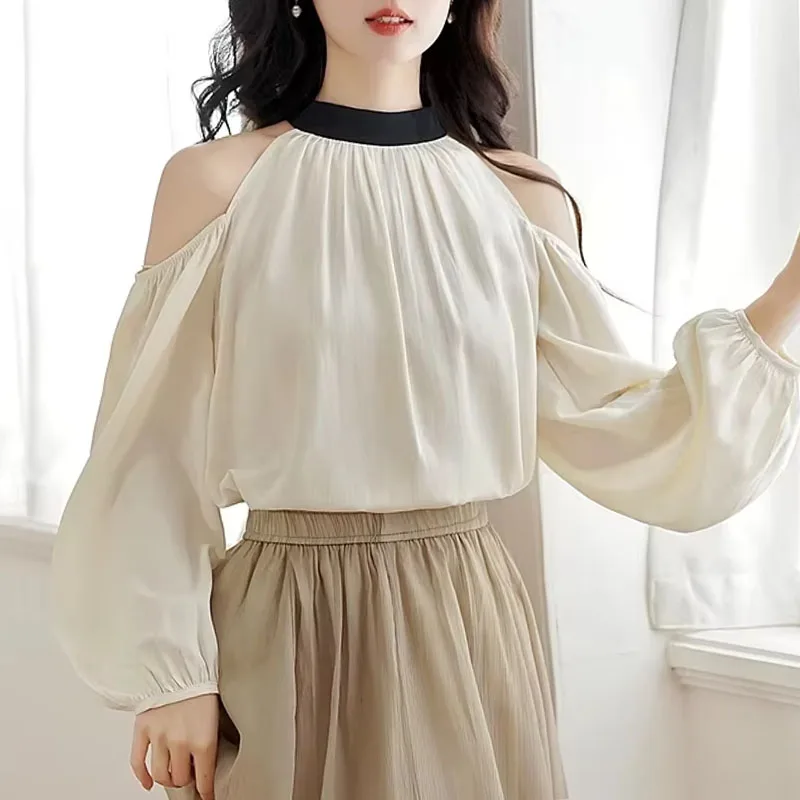 Осенняя женская блузка с круглым вырезом новая шифоновая без бретелек длинным