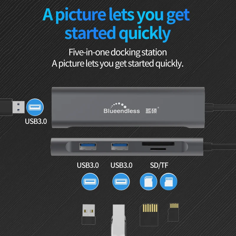 

Mini 9 In 1 Type C Laptop Docking Station USB 3.0 HDMI TF LAN PD USB Hub USB Adapter Ultra Slim Portable Data Hub, USB Splitter