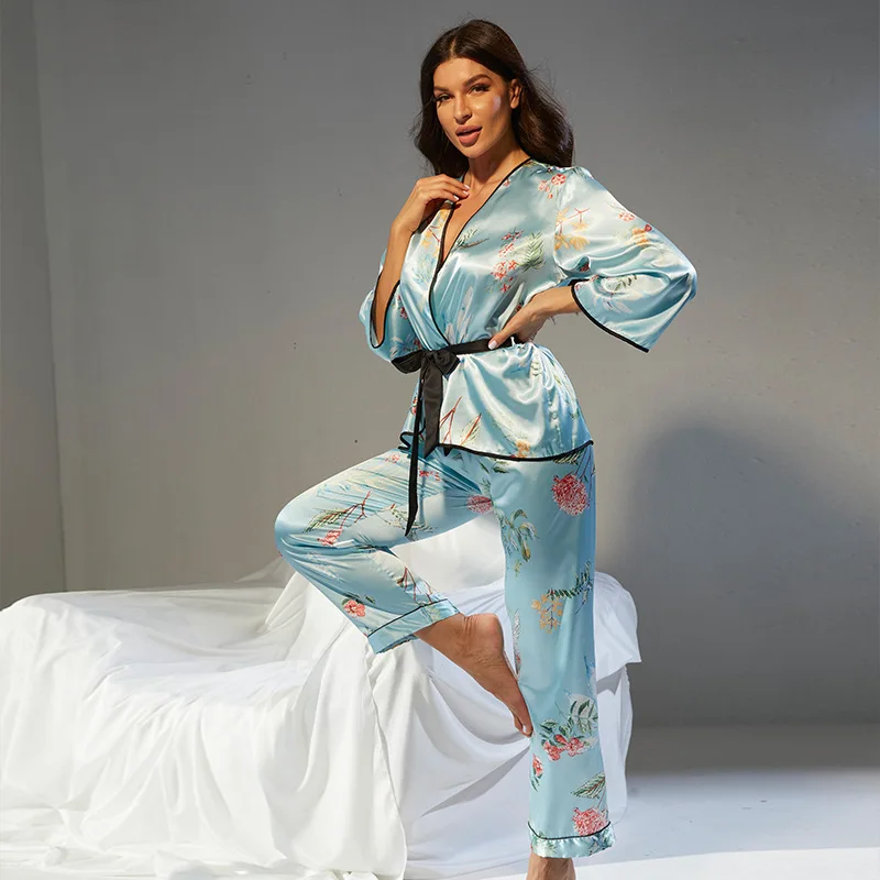 Floral Print Women Two-Piece Pajama Set Vintage Silk Sleepwear V-Neck Home Clothing Leisure Pyjamas Set Female Nightwear Lounge