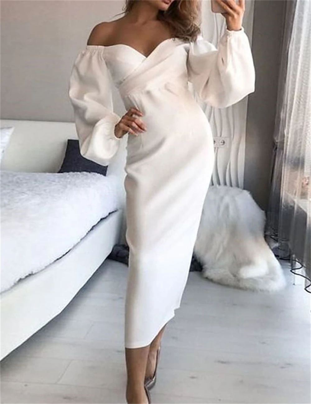 

Elegant Sheath Homecoming Dresses for Women Wedding Guest Cocktail Dresses Sweetheart Long Sleeve Tea Length Pure Color Satin