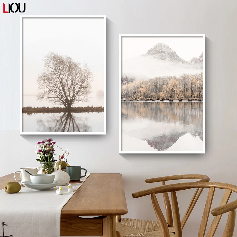 Настенная Картина на холсте с изображением гор леса озера тростника абстрактная