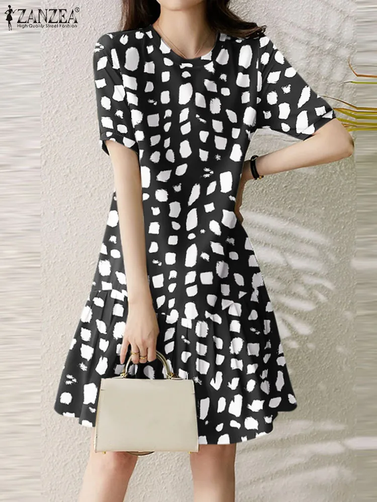 

ZANZEA Short Sleeve Women Vestido Loose Holiday Dress Summer 2023 Pleated Sundress Chic Printed Vintage Casual Knee-length Dress