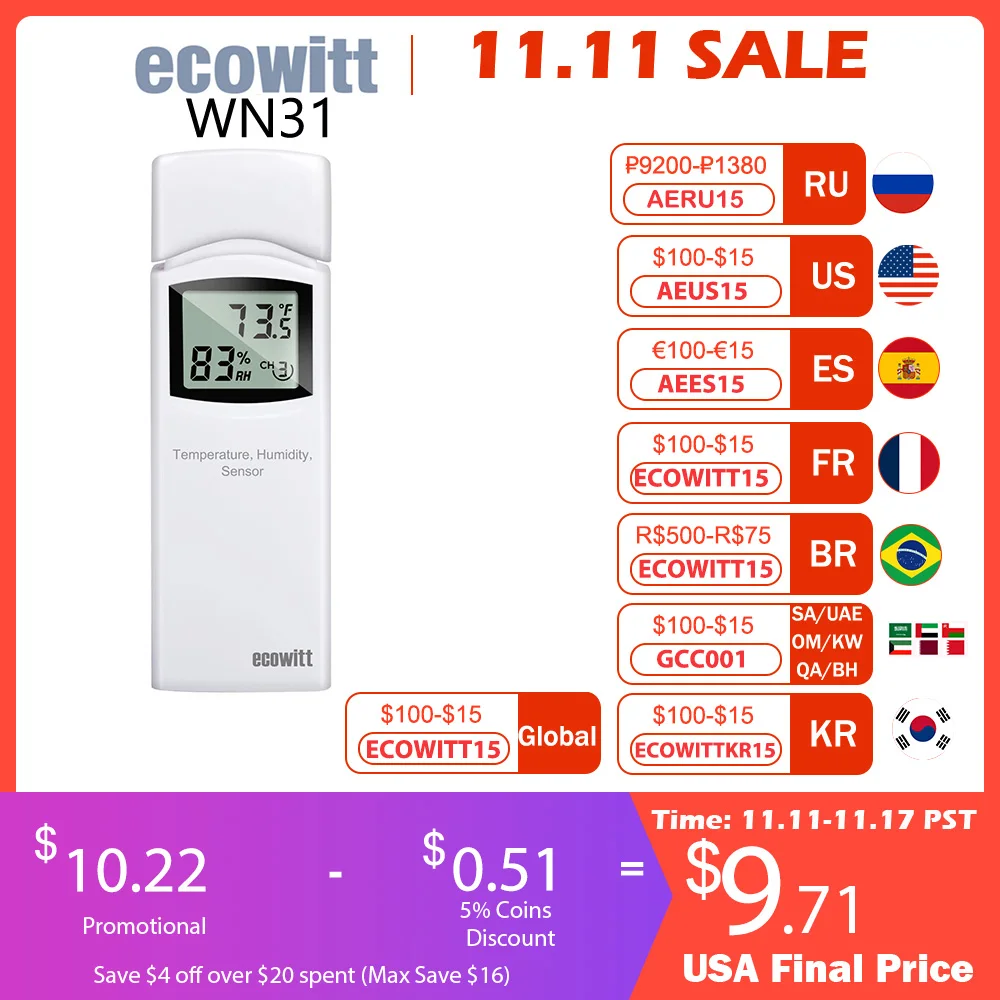 Ecowitt WH31 Multi-Channel Temperature & Humidity Sensor