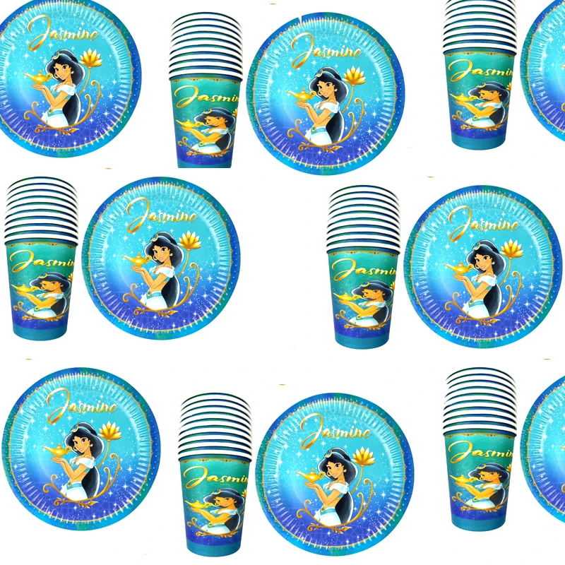 

80pcs/lot Jasmine Princess Aladdin Theme Decorations Tableware Set Birthday Party Cups Plates Girls Kids Favors Dishes Glasses