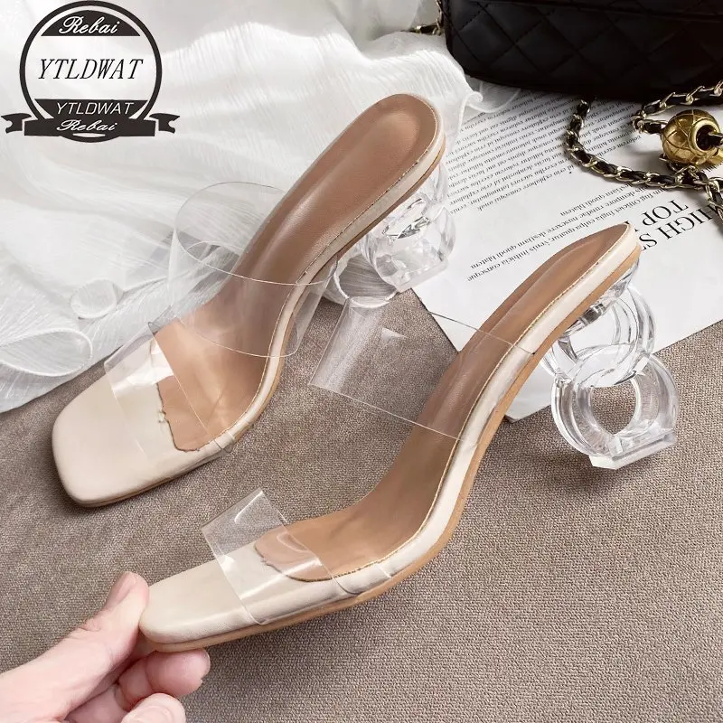 

PVC Summer Women Mules Design Slippers Sandal Slides Braided Cord 7cm Transparent Hinge Heels Women Shoes Female 2022 NEW