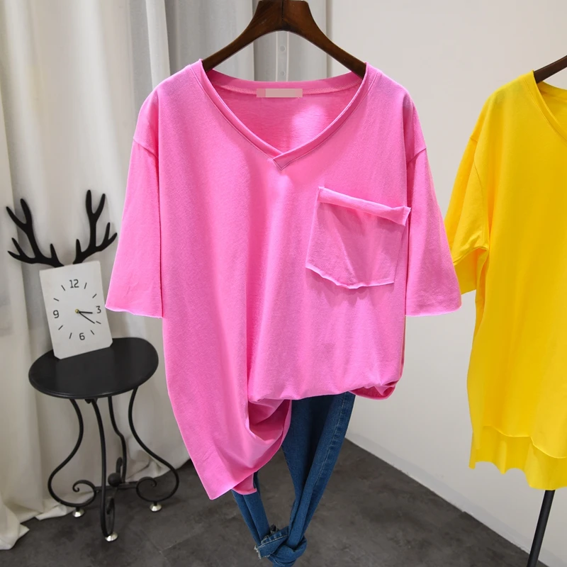 

2021 Simple Oversized Women Tee Shirt Short Sleeve Summer Korean Solid Loose Cotton T Shirt Female V Neck Lazy Casual Tees