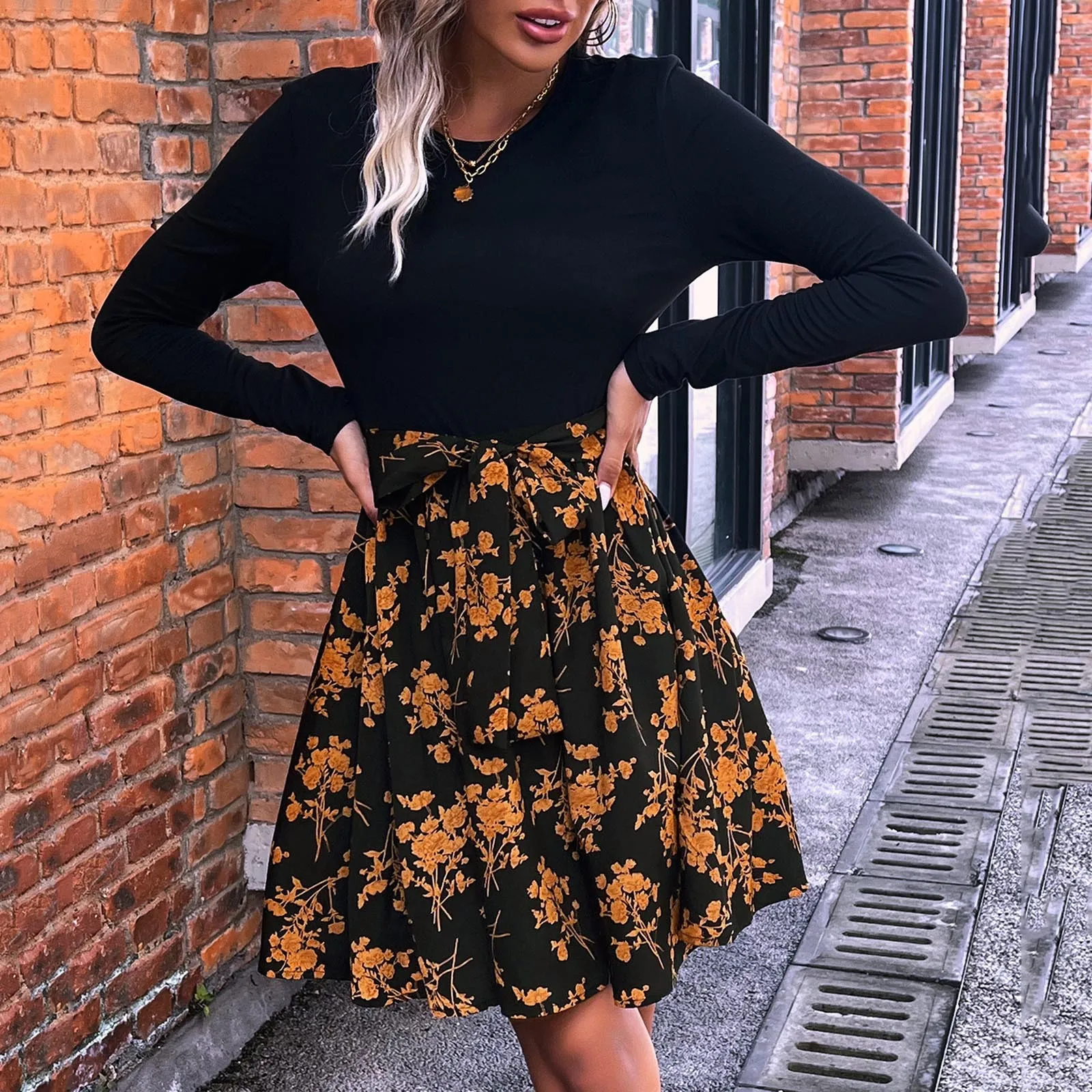 

Women's Round Necked Long Sleeved Belted Waist Floral Short Dress Small Women Dresses