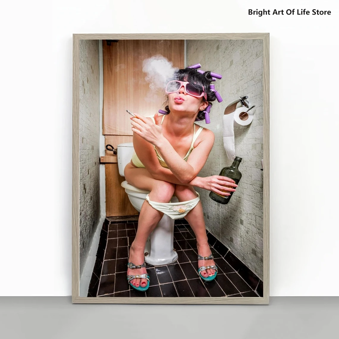 

Bathroom décor, Woman Drinking, Smoking Cigarette On Toilet Poster Print wall Décor, funny bathroom Print