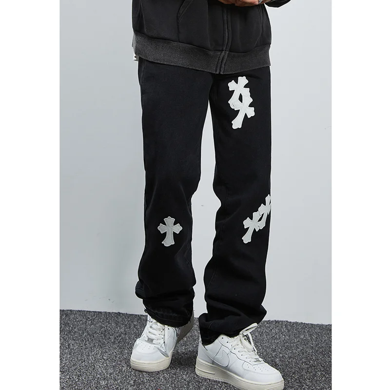 Streetwear Men New Vintage Cross Leather Patch Recreational Black Jeans Loose Straight Cylinder Broad Leg Trousers Autumn Women