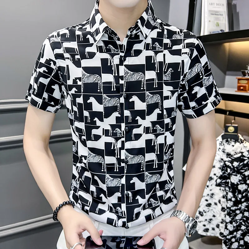 Brand Print Shirts Men Summer Short Sleeve Casual Business Formal Dress Shirt High Quality Lapel Tops Social Slim Tuxedo Blouse
