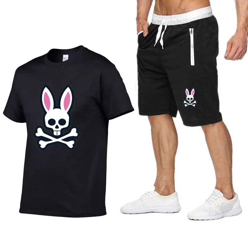 Outdoor Sports Jogging Short-sleeved Suit Ghost Rabbit Print  Cotton Men's T-shirt + Shorts Summer Casual Suit Women' T-shirt