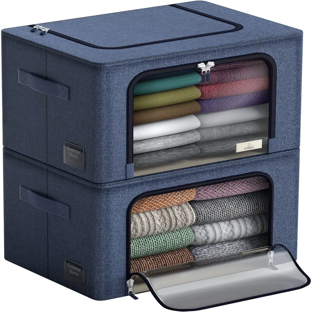 

Storage Bins Boxes, Foldable Stackable Container Organizer Basket Set with Large Clear Window & Carry Handles, Great for Comfort