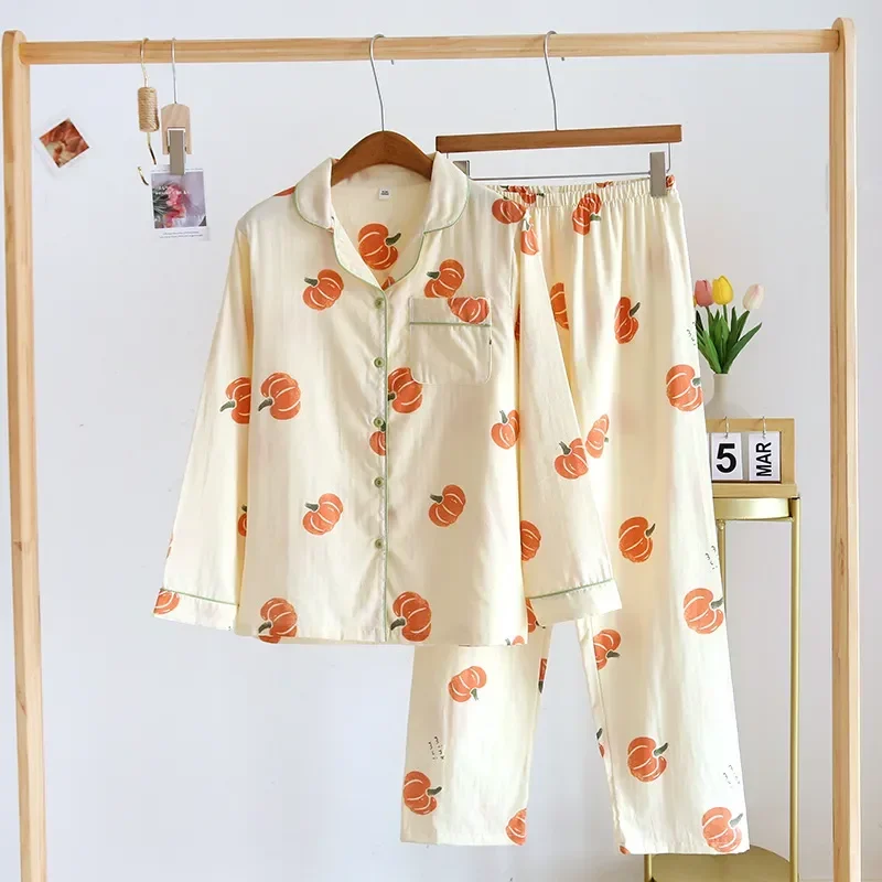 

Sleeve With Thin - Cardigan Cotton Women's Trousers Double Homewear Long Print Gauze Set Pumpkin Comfortable Pajama for Layer