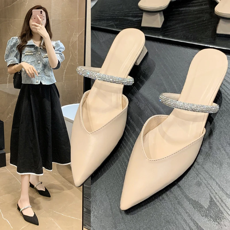 

Полутапочки Baotou, летняя одежда 2022, новые темпераментные замшевые стразы на низком каблуке, женская обувь на высоком каблуке с острым носком