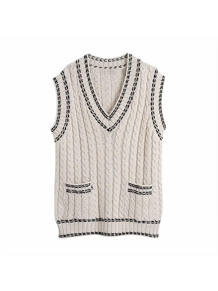 

BSK&ZA&TRF Women 2022 Autumn New Fashion Pin decorate V Neck Vest Sweater Sleeveless Pockets Female Waistcoat Chic Tops 9598/237
