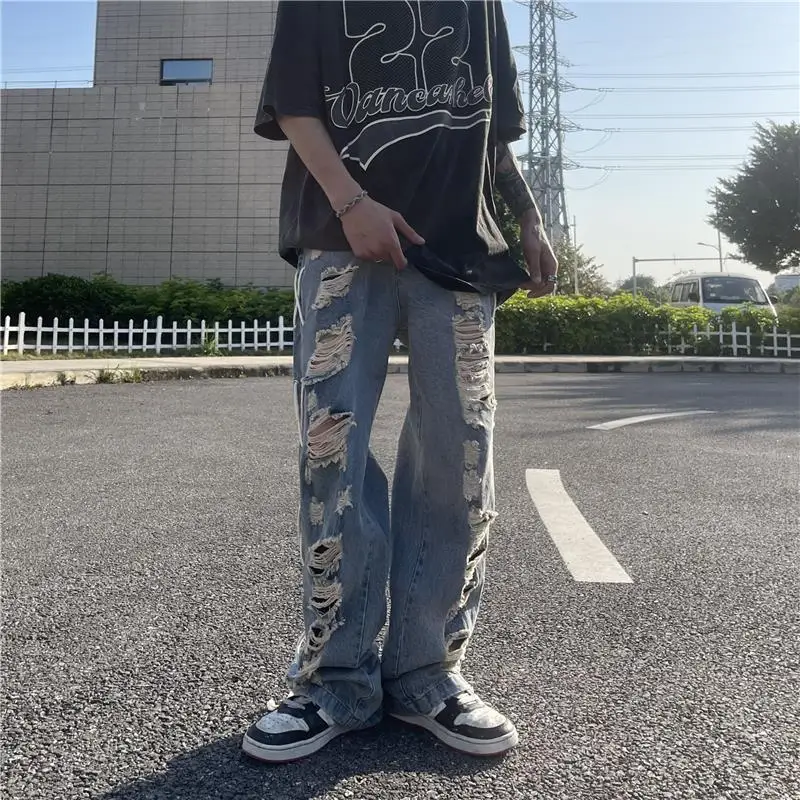 Men's Jeans Hip Hop Ripped Washed Loose Denim Trousers Fashion Streetwear Men's Clothing Jeans Men Y2k Street Men's Clothing