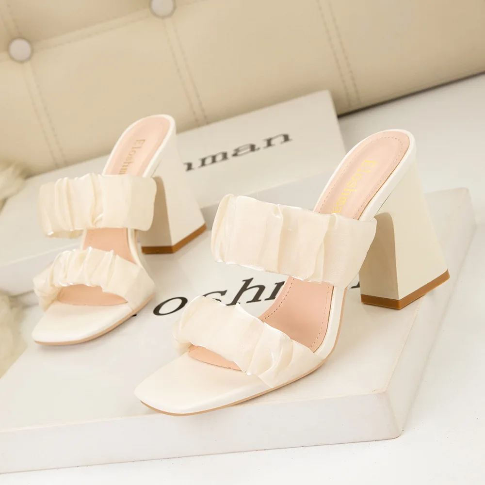Women Simple Solid Color High Shoes Heels Sexy Square Toe Chic Slippers Open Toe Chunky Heel with Transparent Outdoor Sandals