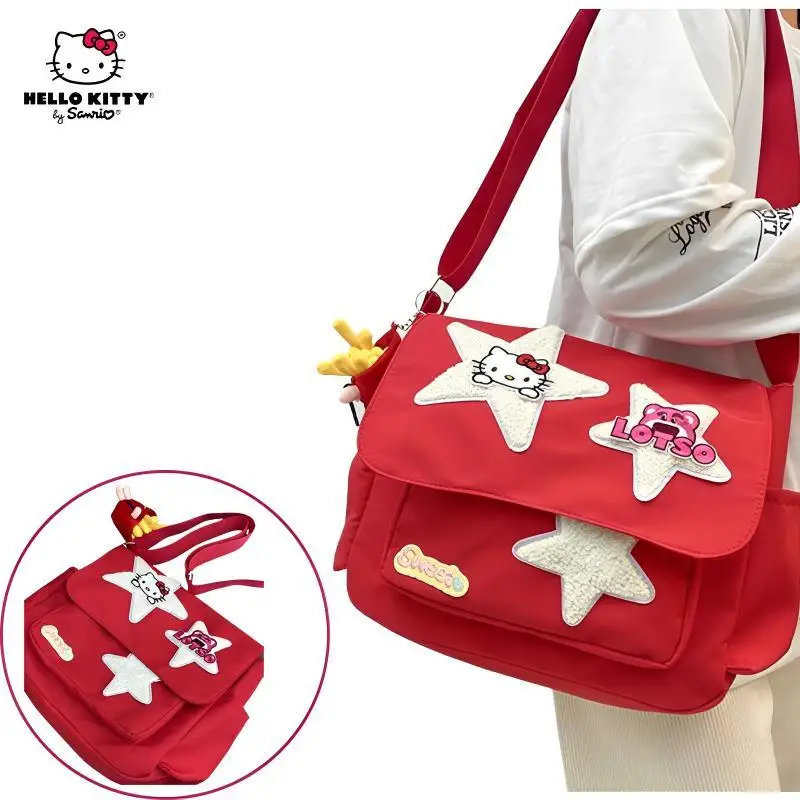 

Sanrio Hello Kitty Crossbody Bag Anime Star High Beauty Y2K Spicy Girl Waterproof Fashion Shoulder Bag Plush Hamburg KT Pendant
