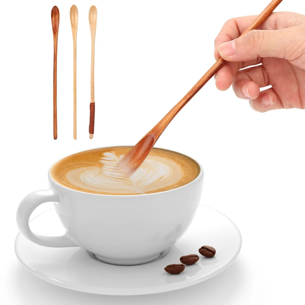 

3pcs Long Handle Spoon Wooden Coffee Milk Honey Stirring Spoon Kitchen Tableware