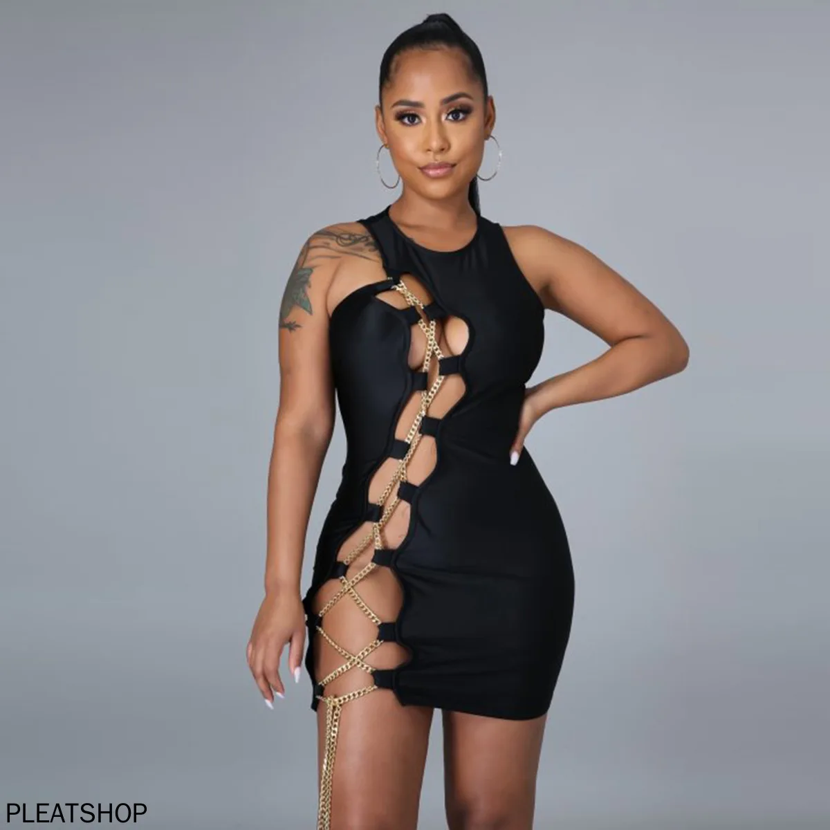 

Large Size Euro-american Women's Gold Chain Sexy Nightclub Dress Sleeveless Solid Color Dress