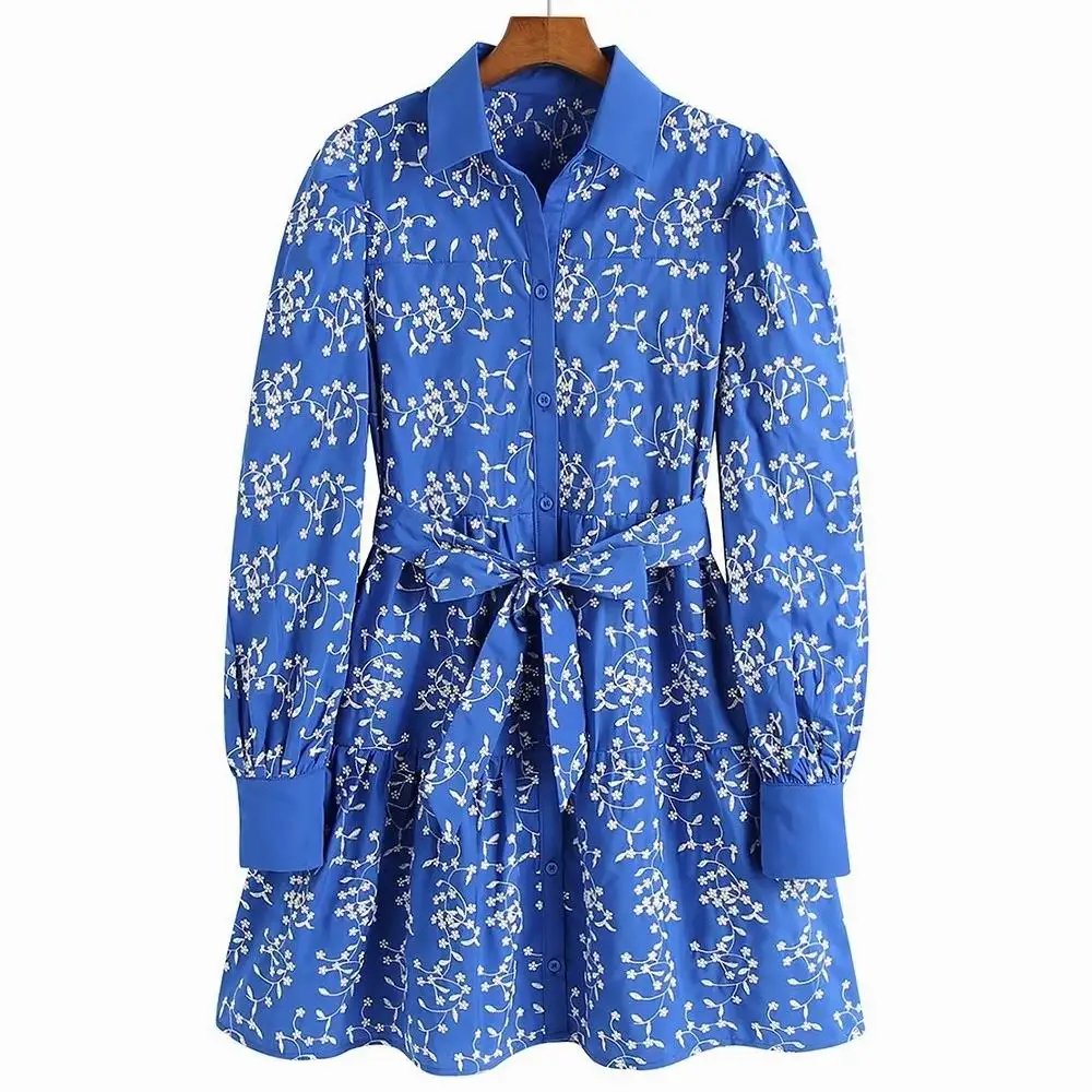 

Женское мини-платье-рубашка с вышивкой, новинка 2022, модная одежда с длинным рукавом и поясом, платья выше колена, женская повседневная одежд...