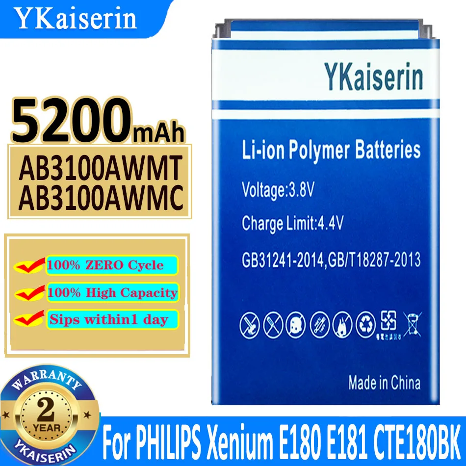 

YKaiserin Replacement Battery AB3100AWMT AB3100AWMC 5200mAh For PHILIPS Xenium E180 E181 CTE180BK New Battery + Bateria