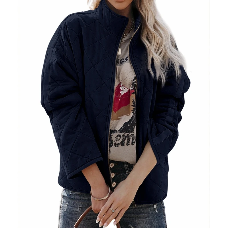 

Women's Coat Spring and Autumn Fashion Solid Color Loose Cardigan Coat Women's Casual Long Sleeve Zipped Stand Collar Coat