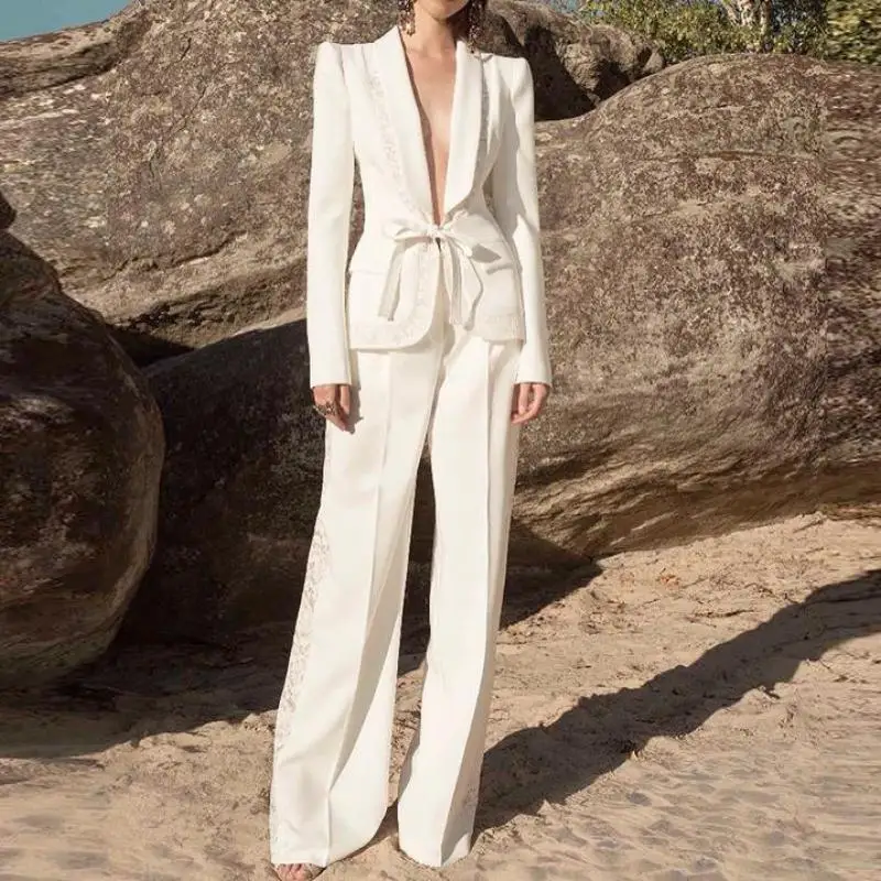 

Getspring Blazer Pants Set New 2022 Spring Autumn Lace Blazer Pants Suit White Long Sleeve Long Pants Fashion Suit Dropship