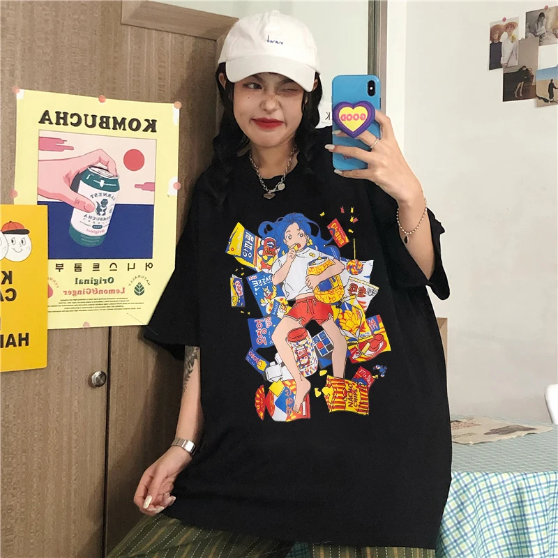 

Футболка женская с круглым вырезом, Стильная Милая рубашка в стиле Харадзюку, с короткими рукавами, простой Повседневный милый свободный ул...