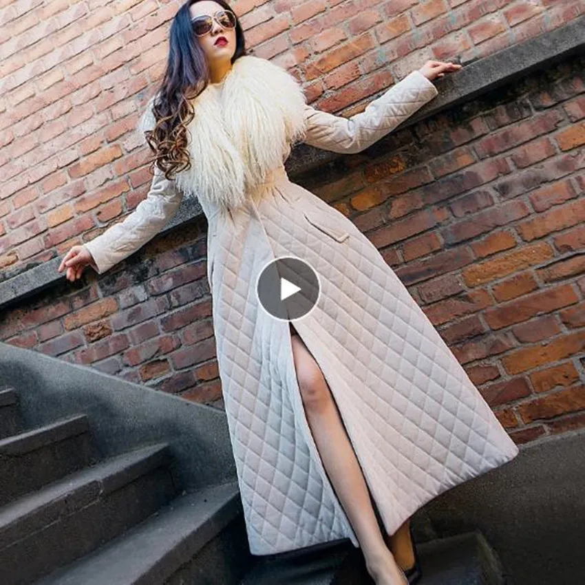 Autumn Winter Women's X-Long Coat New Slim Big Swing Warm Natural Wool Collar Diamond Parka for Ladies High Waist
