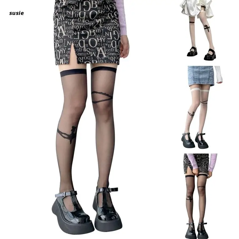 

X7YA женские шелковистые тонкие чулки до бедра с рисунком